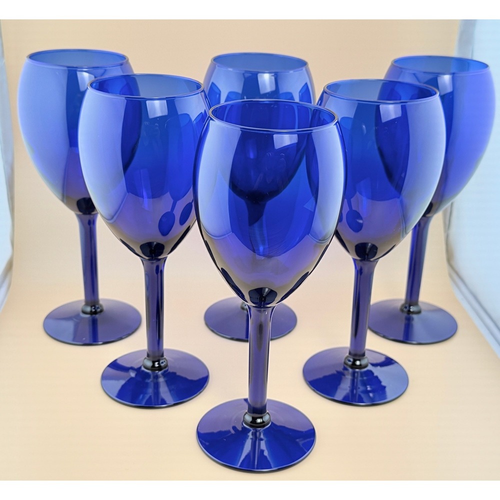 Cobalt Blue Wine Glasses: Set of 6, Balloon Stemware Goblets, 12oz